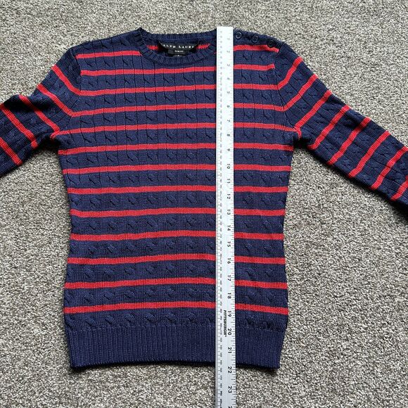 RALPH LAUREN BLACK LABEL STRIPED SILK CABLE KNIT SLIM FIT SWEATER RED NAVY SMALL - Picture 7 of 7